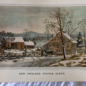 CURRIER & IVES New England Winter Scene George Henry Durrie Farmhouse Snow Horse Dog