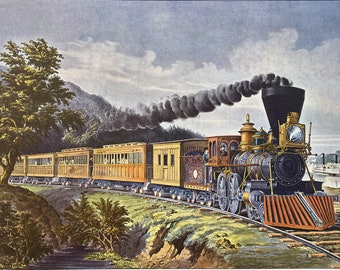 CURRIER & IVES Art Print American Express Train Locomotive Vintage