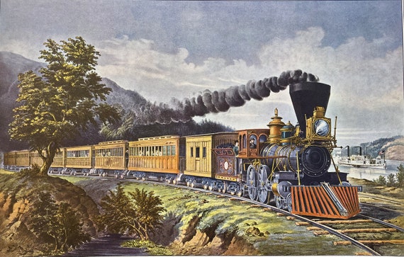 CURRIER & IVES Art Print American Express Train Locomotive Vintage