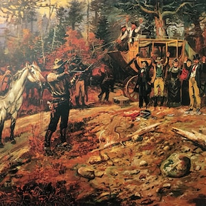 May include: A vintage painting depicting a stagecoach surrounded by people in a wooded area. The stagecoach is yellow and has a black roof. The people are dressed in 19th-century clothing. A sign in the background reads "20 Miles to Dunkard's Creek".