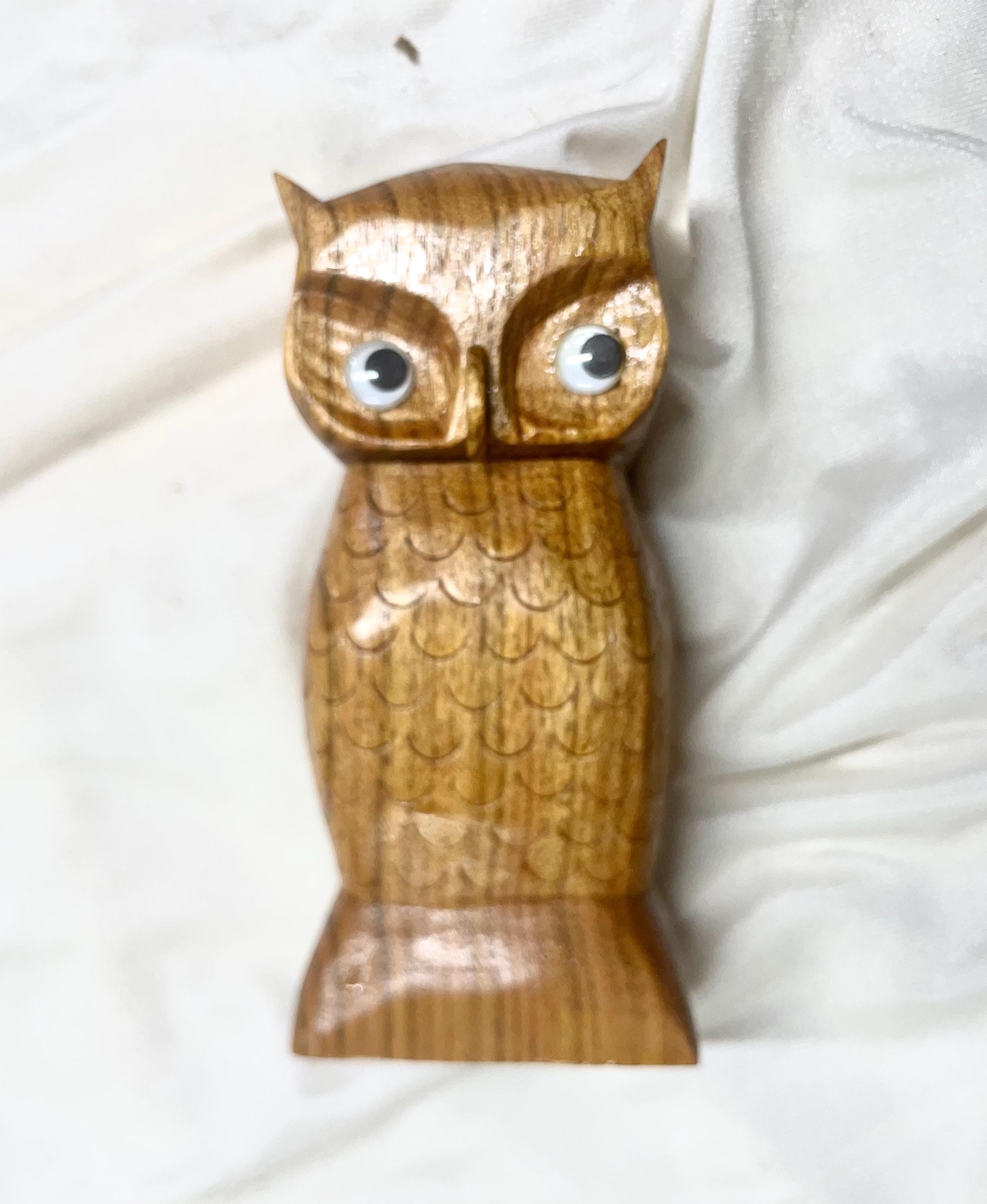 Vintage Mid-Century Wood Owl Statue, Wise Eyes