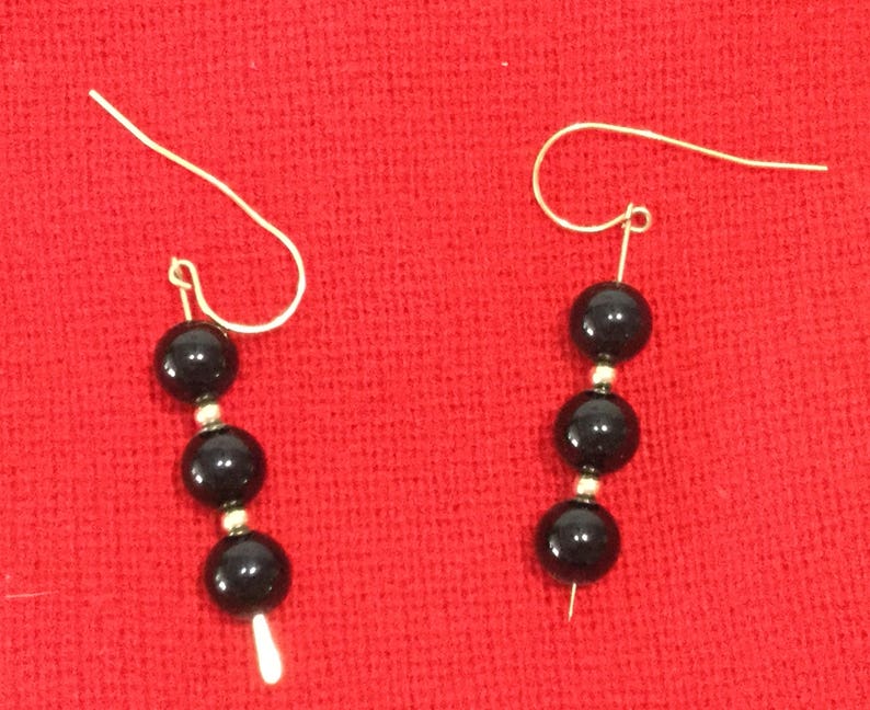 Vintage Black Onyx Earrings Set Three Beads FREE US Shipping Mid Century Classic Dangles image 1