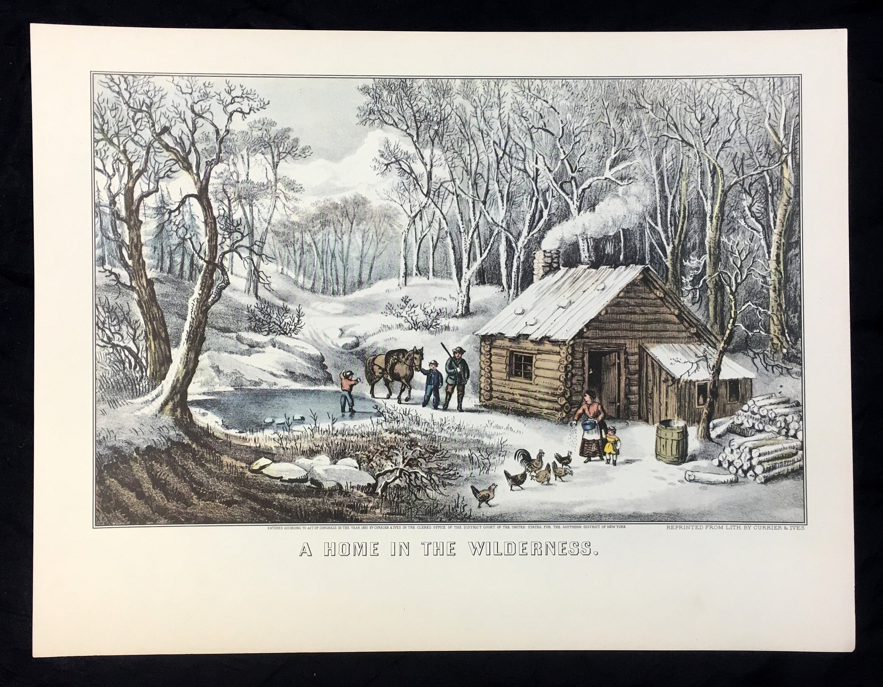 Lithographie Ancienne Currier & Ives 1870 - Encadrée, Signée, Style Impressionniste, Sujet Chevaux Et Paysage