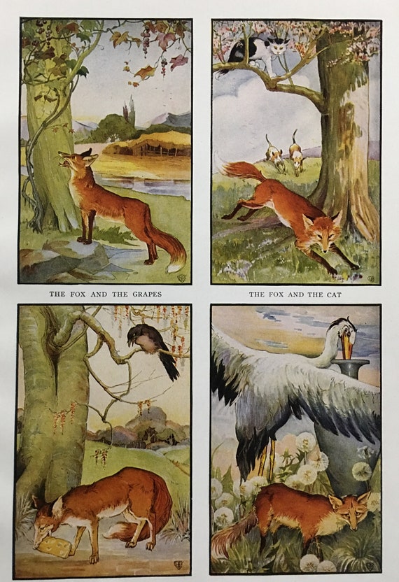 Vintage Aesops Fables Childrens Fox and Raven Heron Ants