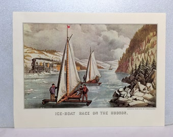 Currier & Ives Vintage Print Ice-Boat Race Racing with Train 1800's Scene Hudson