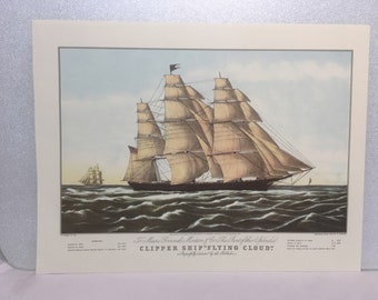 CURRIER & IVES Vintage 1852 Art Print Clipper Ship Flying Cloud boat at Sea