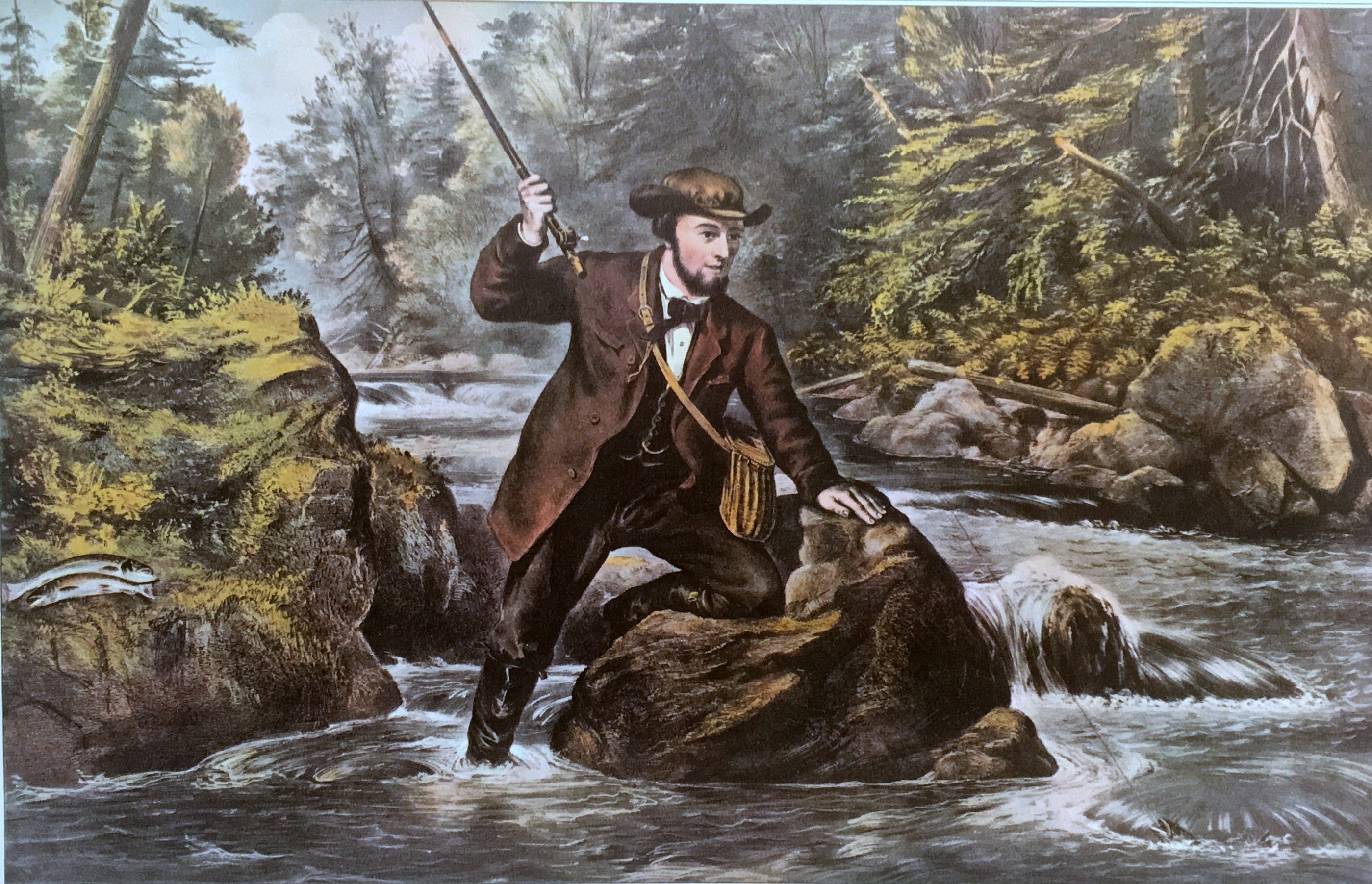 1952 Vintage Currier & Ives "HOME FROM THE BROOK" FISHING COLOR Lithograph 