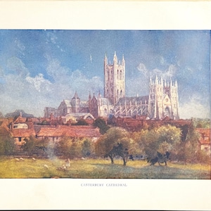 Kathedraal van Canterbury schilderij 1927 vintage kunstafdruk kleurenlithografie