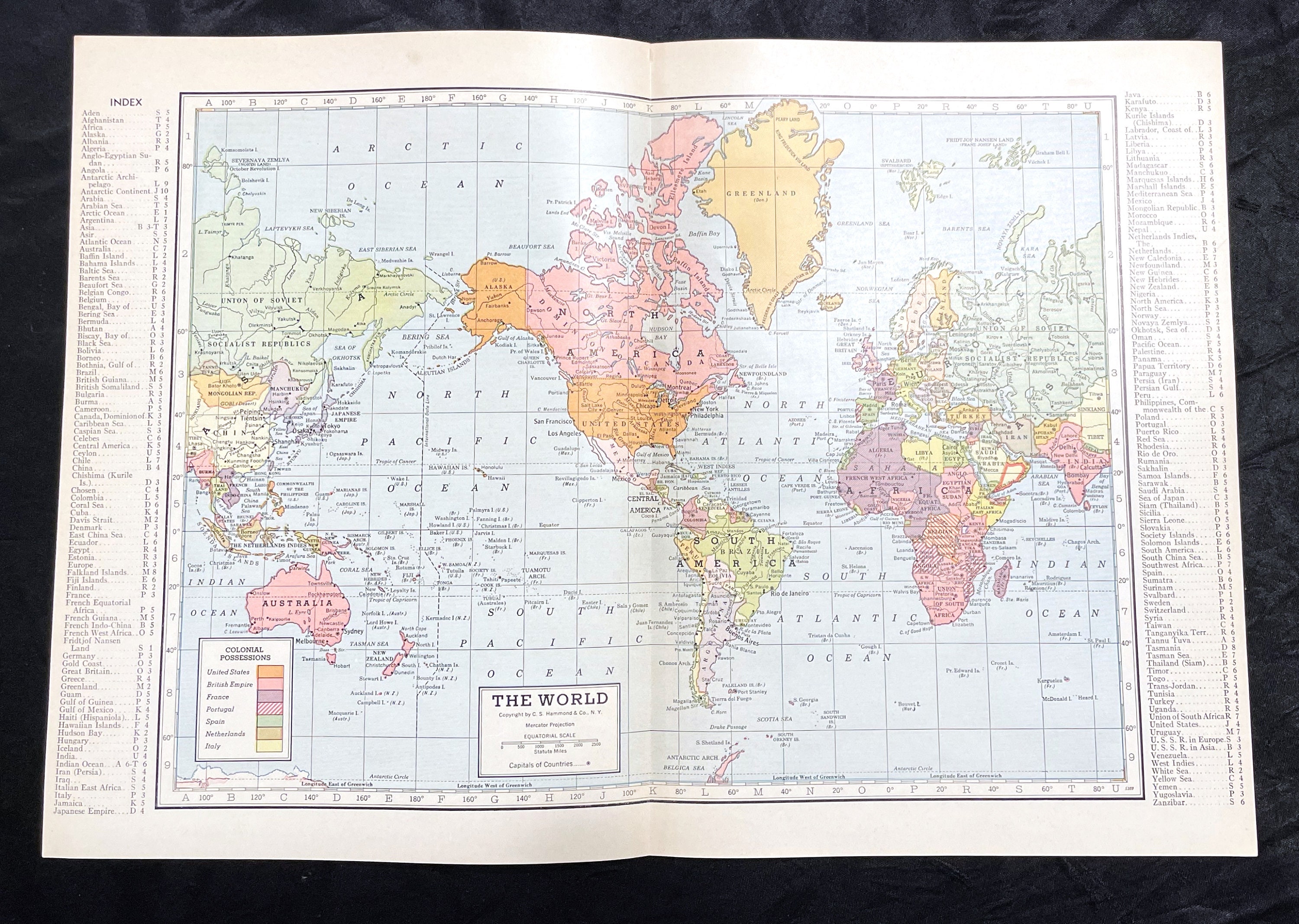 1938 Vintage Hammond Atlas Map Page - World Map Color Coded for
