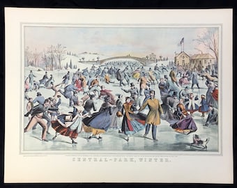 Currier & Ives Vintage Print Cenral Park WINTER 1862 Americana Art Ice Skating New York City
