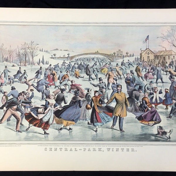 Currier & Ives Vintage Print Cenral Park WINTER 1862 Americana Art Ice Skating New York City