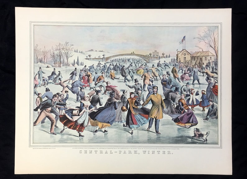 May include: A vintage print depicting a winter scene in Central Park. Numerous figures ice skate on a frozen pond, with a bridge and buildings in the background. The print is in color and features people in period clothing.