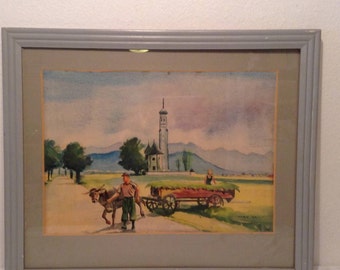 Original Watercolor Painting Farmer Ox Wagon Country Signed Harv 54 framed 1954 farming