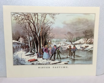 Currier & Ives Vintage Print WINTER PASTIME Ice Hockey 1855 Americana Art Fanny Palmer