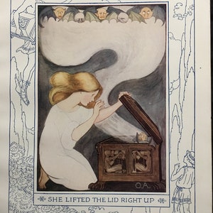 1930&#39;s Fairy Tale Illustration Print Pandora&#39;s Box She Lifted the Lid Right Up 1938