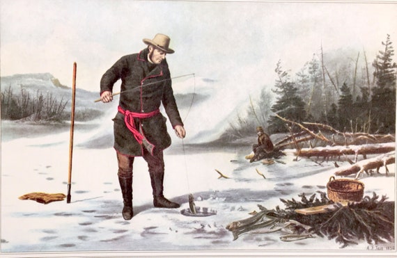 Currier & Ives Vintage Print Winter Sports Americana Art 1850s Ice Fishing  Fisherman Tait 