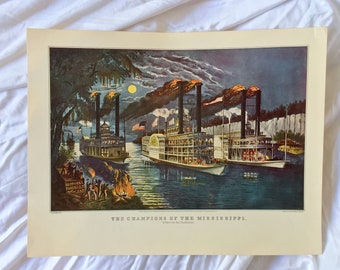 Currier & Ives Vintage Steamboat Paddlewheel Print The Champions of the Mississippi River Fanny Palmer