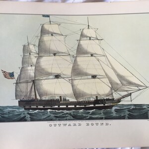 CURRIER & Ives Vintage 1850s Art Print Clipper Ship OUTWARD BOUND Sailing