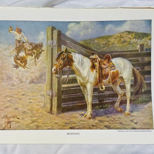 MUSTANG Horse  by Edward Miner 1923 Bucking Bronco Cowboy Antique Illustration Art Print
