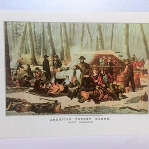 Vintage Currier & Ives American Forest Scene maple Sugaring Lithograph people 1800s