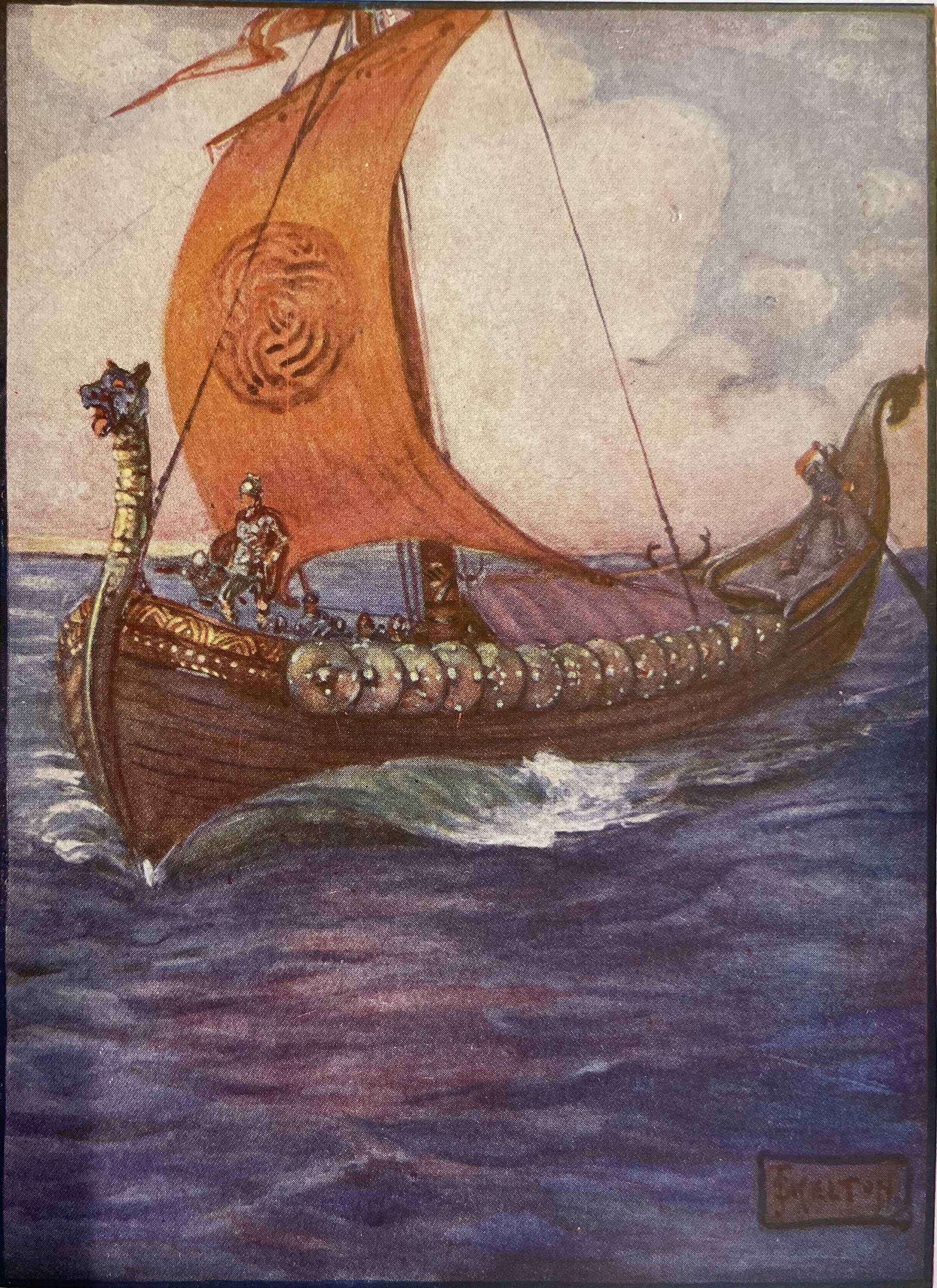 Beowulf Sails to Daneland 1927 Antique Joseph Ratcliffe Skelton Lithograph Viking