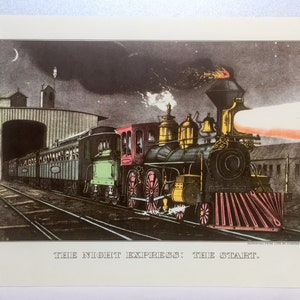 CURRIER & IVES Art Print Night Express-treinlocomotief 1952 vintage gratis verzending