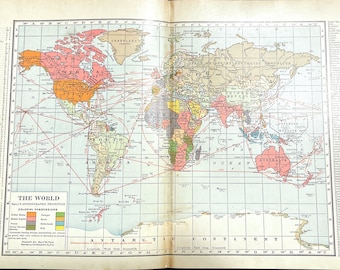 1927 Vintage Hammond Atlas Map Page - World map Color coded for Colonial Possessions