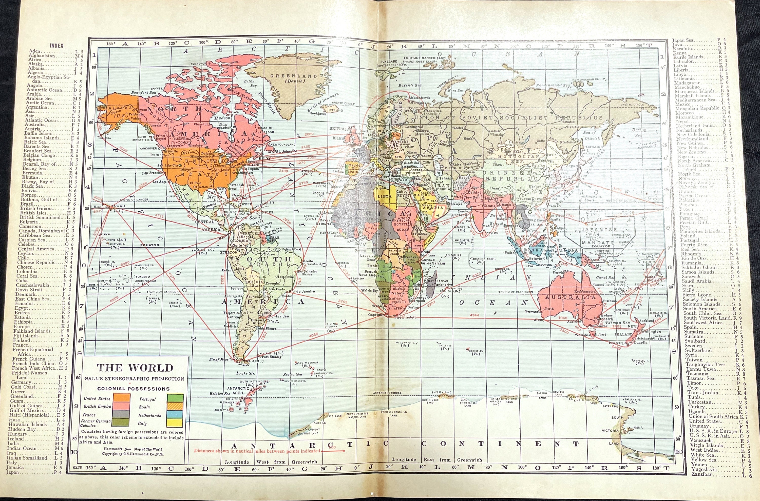 1927年製ヴィンテージ・ハモンド・アトラス地図ページ - 植民地