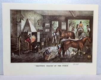 CURRIER & IVES Vintage Print Trotting Cracks At The Forge Horses Farrier Shoer
