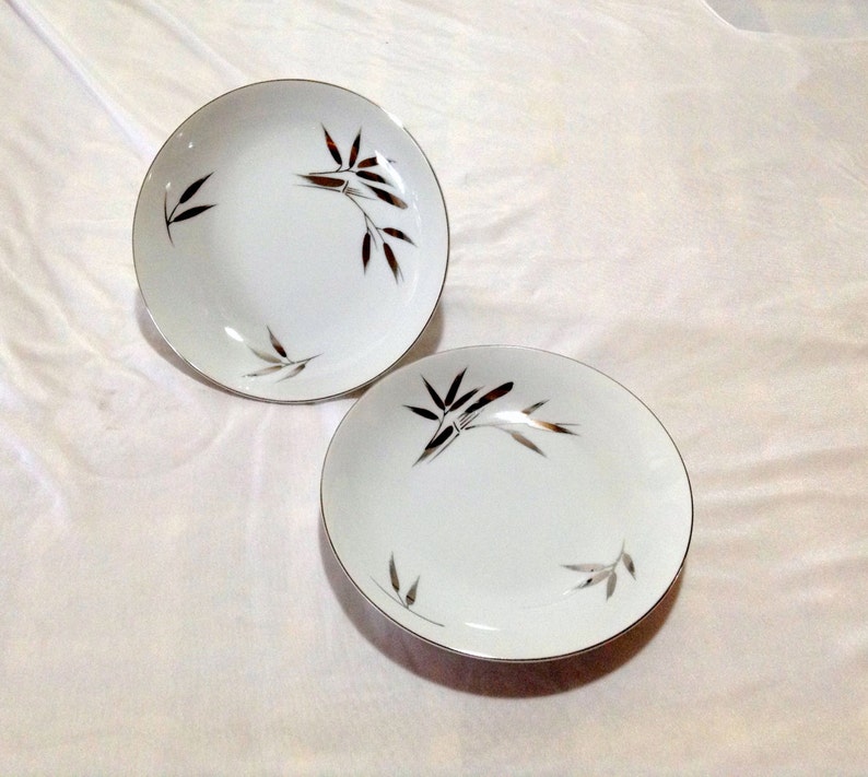 Set of 2 Soup Bowls Celebrity fine China TROPICANA 5026 Siver Bamboo on White /& Platinum Trim