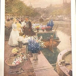 Holland Blumenmarkt Hans Hermann 1927 Vintage Kunstdruck Farblithographie