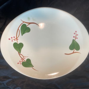 Può includere: Un piatto ovale in ceramica bianca con un disegno dipinto a mano. Il disegno presenta foglie verdi a forma di cuore e piccole bacche rosa su tralci marroni. Il piatto ha una finitura lucida.