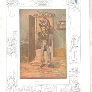 Puede incluir: Una ilustración en blanco y negro de una escena de A Christmas Carol de Charles Dickens. Bob Cratchit, un hombre con un sombrero de copa y una bufanda, lleva a Tiny Tim, un niño pequeño, sobre sus hombros. El texto "Bob Cratchit and Tiny Tim" está impreso debajo de la imagen.