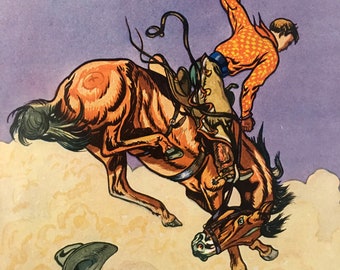 H.C. Holling 1936 Childrens Art Print Cowboy on Horseback Southwest Bucking Bronco