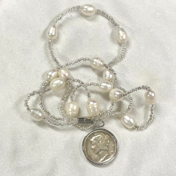 Mercury dime charm  Silver Bracelet with oval white Beads
