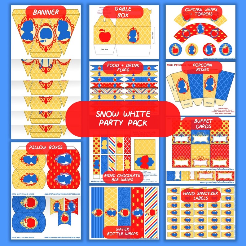 Snow White Pillow Boxes Instant Download Printable Snowwhite Gift Box Party Favors Pack Set Princess Party Treat Boxes Cute Present Idea