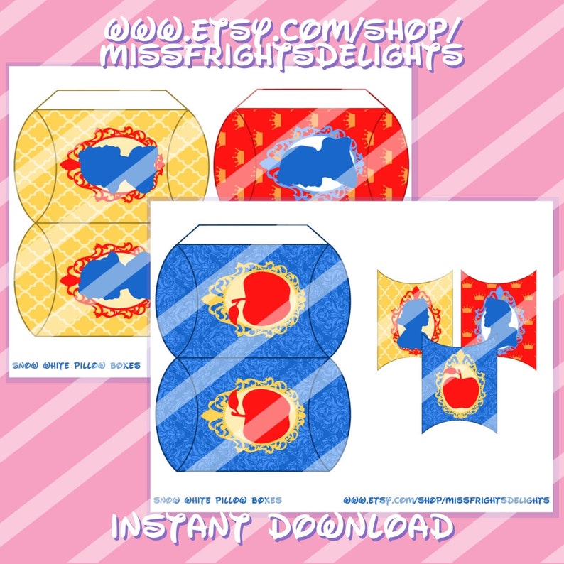 Snow White Pillow Boxes Instant Download Printable Snowwhite Gift Box Party Favors Pack Set Princess Party Treat Boxes Cute Present Idea
