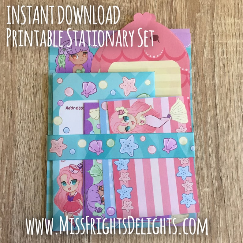 Instant Download Printable Stationery Memo Paper Envelopes Note Cards Cute Ocean Fish Shells Sailor Anime Kawaii Mermaid Stationary Set