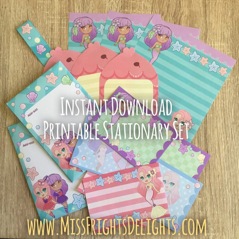 Instant Download Printable Stationery Memo Paper Envelopes Note Cards Cute Ocean Fish Shells Sailor Anime Kawaii Mermaid Stationary Set