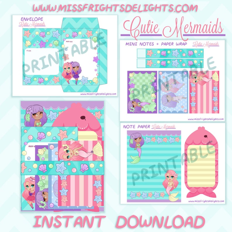 Instant Download Printable Stationery Memo Paper Envelopes Note Cards Cute Ocean Fish Shells Sailor Anime Kawaii Mermaid Stationary Set