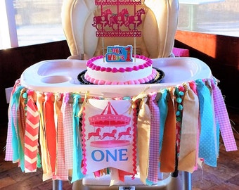 Carousel Highchair banner, Carnival High chair Banner, 1st Birthday Girl, 1st Birthday banner, Cake smash photo prop,