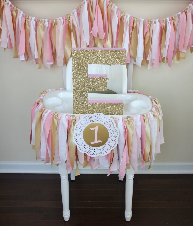 Pink And Gold Shabby Chic Rag Tie Garland Highchair Banner Image 0
