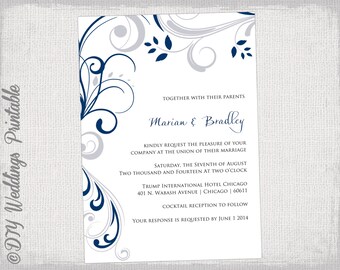 wedding invitation template silver gray and royal blue etsy