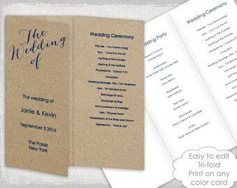 trifold wedding program printable or folded trifold invitation etsy