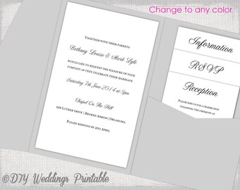 pocketfold invitation template diy coral and silver gray etsy