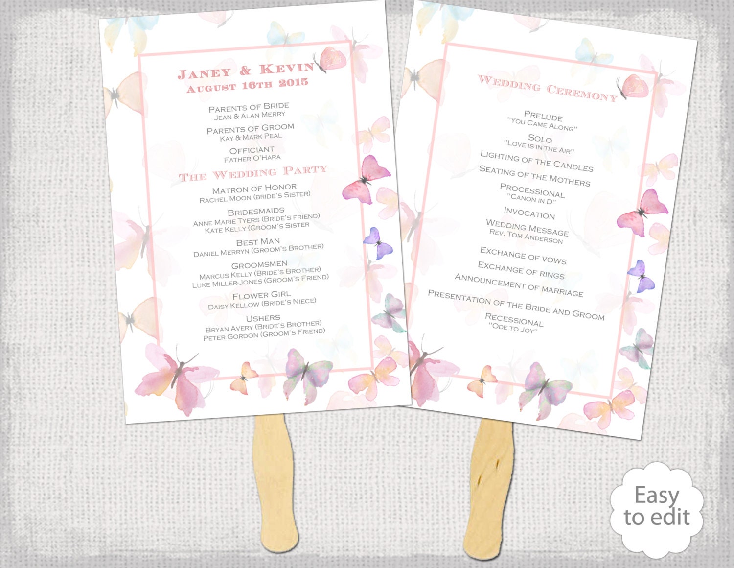 Wedding Fan Program Template Pastel Pink Butterfly Etsy