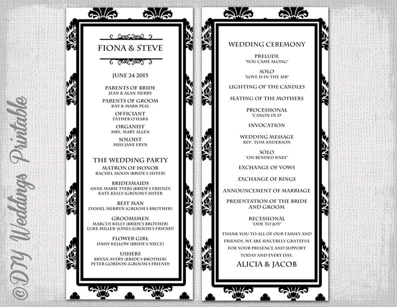 Black White Wedding Program Template Damask Wedding Order Of Etsy