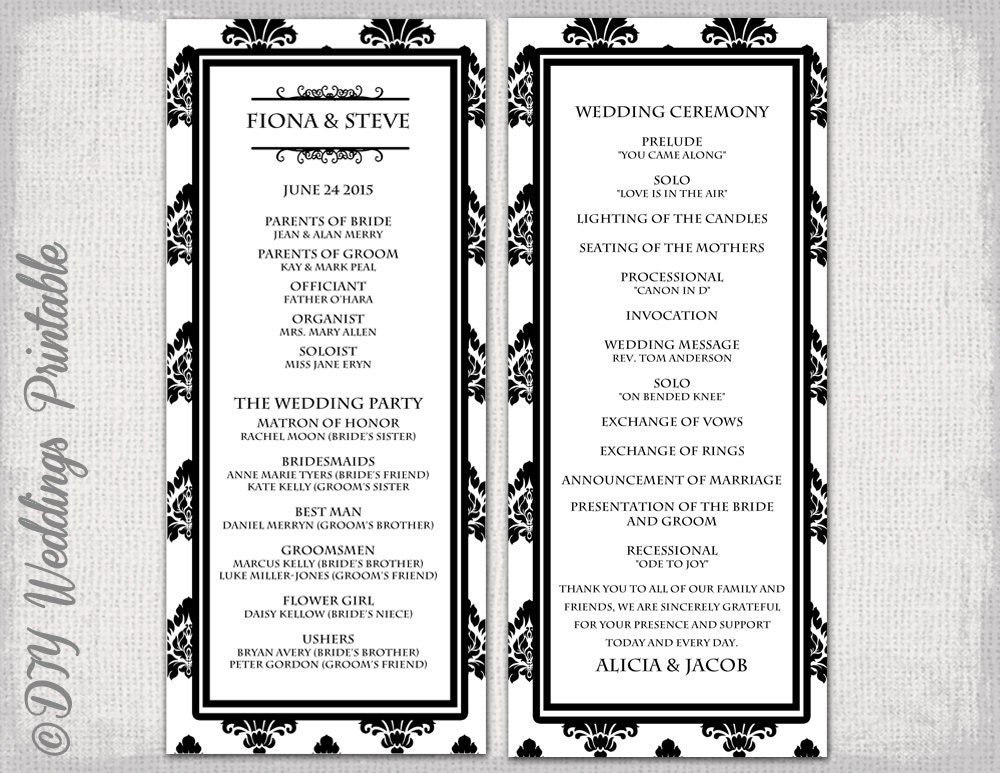Black White Wedding Program Template Damask Wedding Order Of Etsy