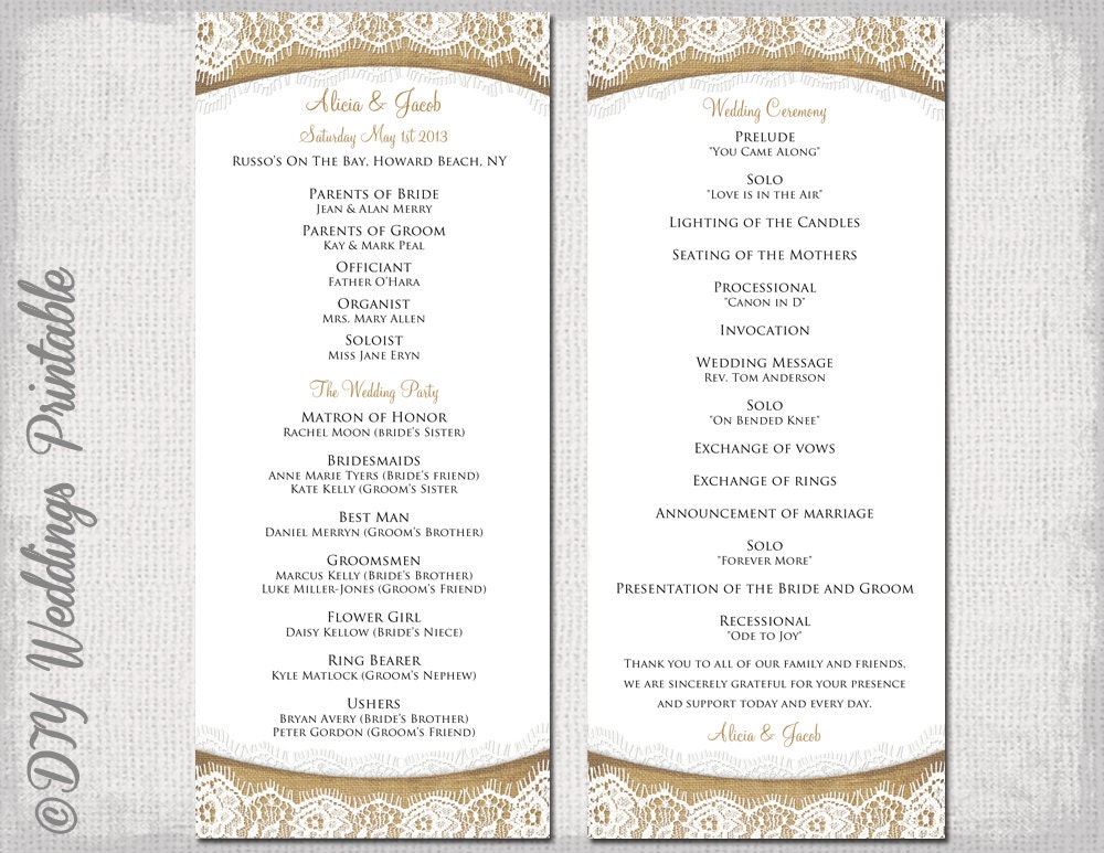rustic wedding program template burlap amp lace diy etsy wedding boutique us free program templates