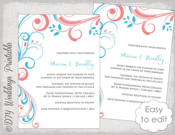 Wedding Invitation Template Turquoise Coral Etsy